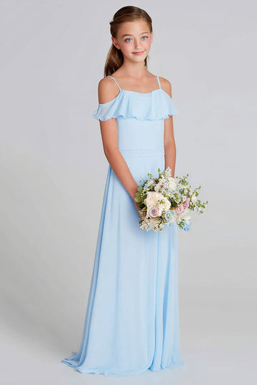 Mousseline de soie bleu ciel trapèze épaule froide longue robe de demoiselle d’honneur junior
